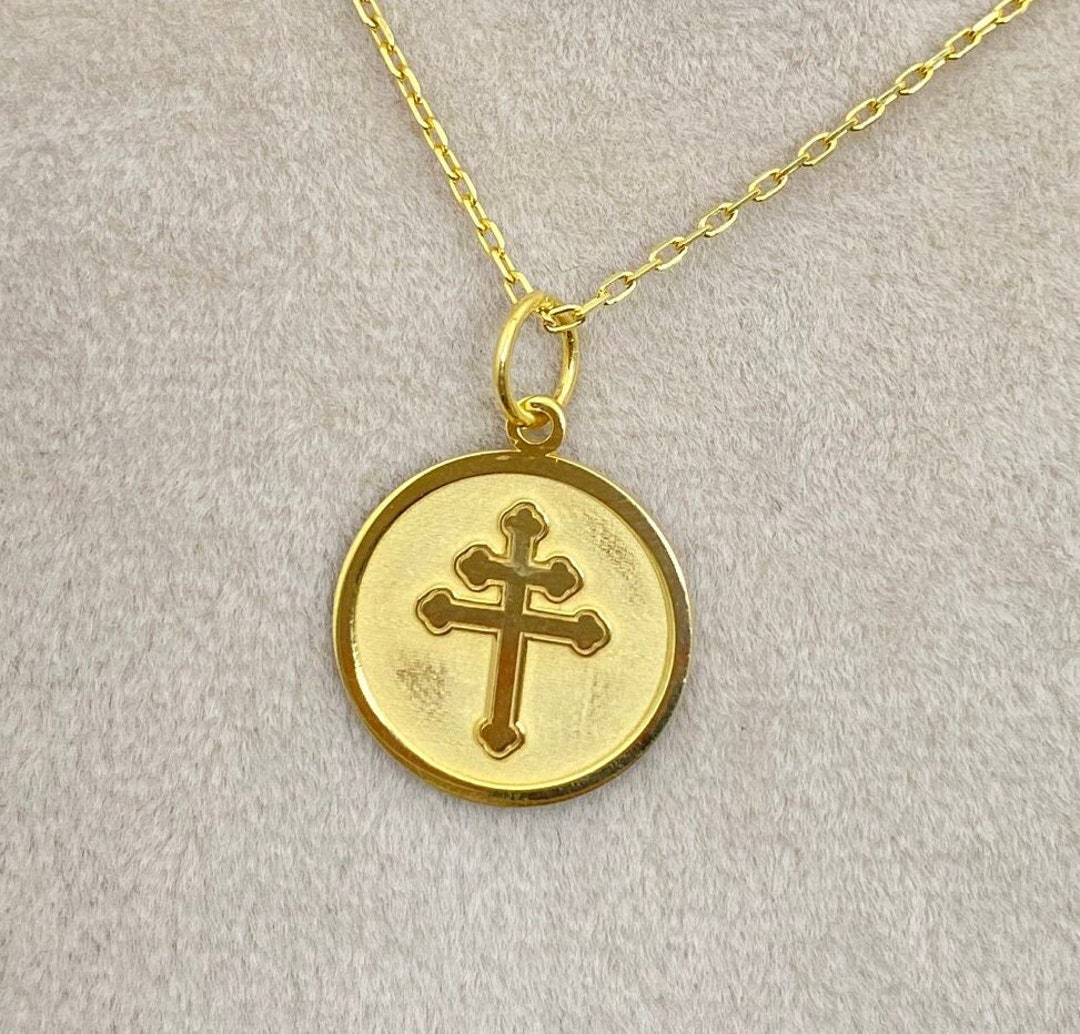 Gold Solid 14K Real Gold Cross of Lorraine Necklace, Personalized Cross
