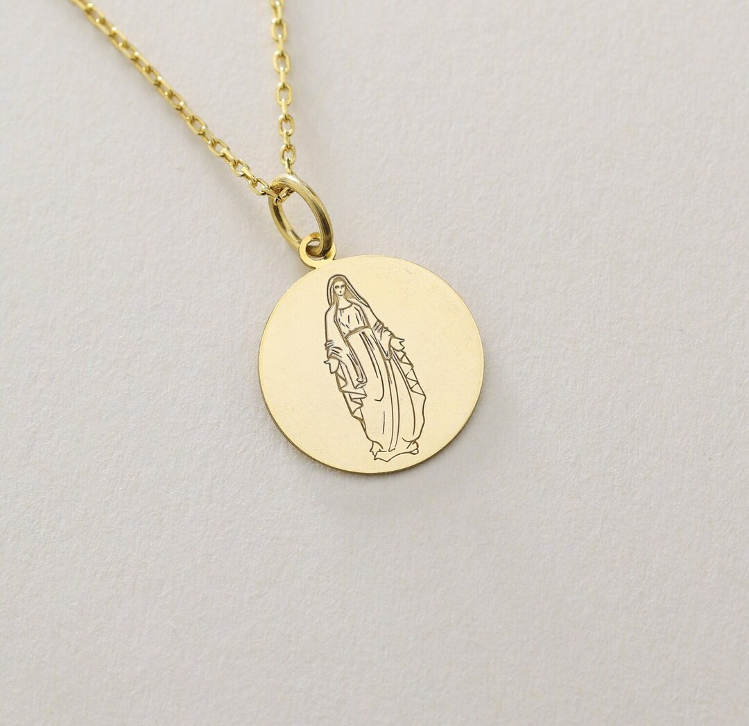 Gold Solid 14K Real Gold Virgin Mary Necklace, Gold Religious Pendant ...
