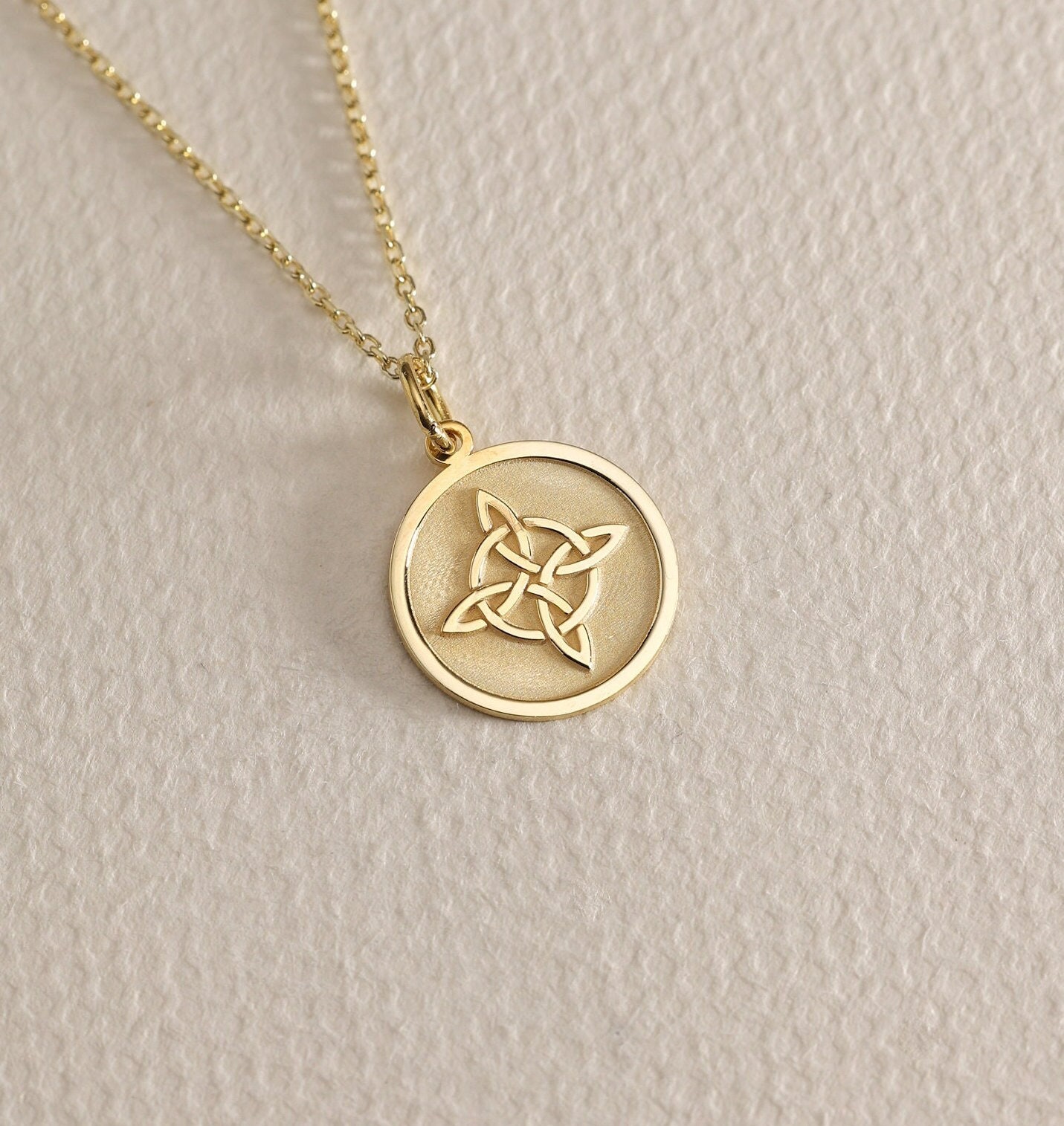 Gold Solid 14K Real Gold Quaternary Celtic Knot Necklace, Personalized Witch Knot Necklace, Custom Four Cornered Knot Pendant