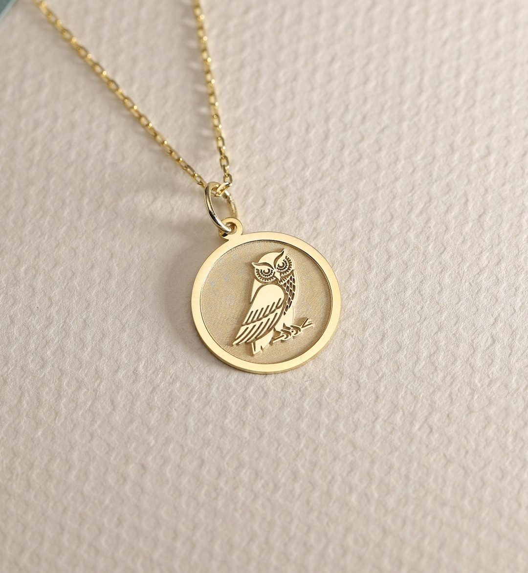 Gold Solid 14K Real Gold Owl Necklace, Personalized Owl Pendant, Owl