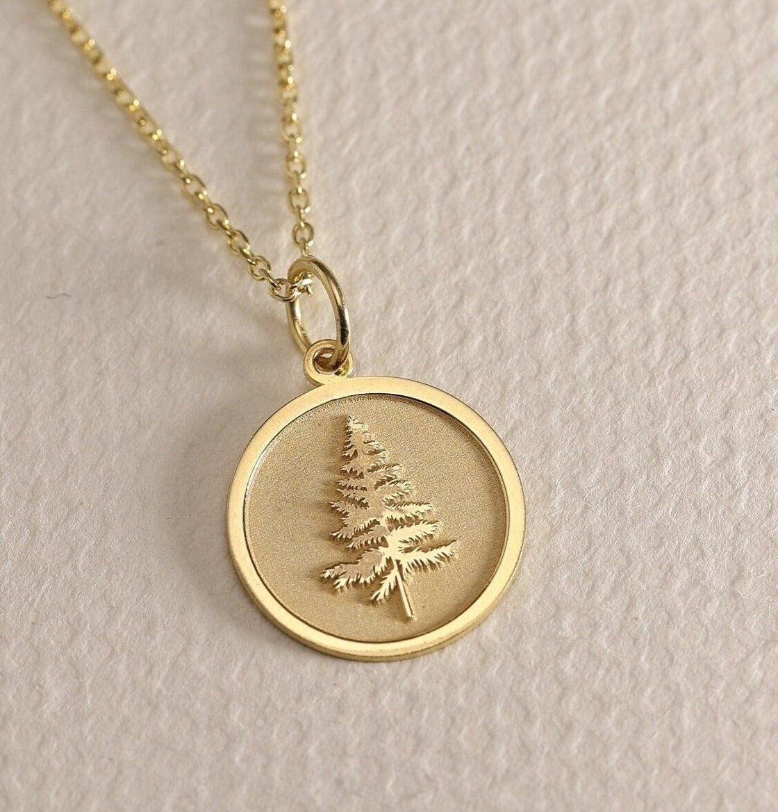 14k Yellow Gold Cedar Tree Charm Pendant – High Polish Symbol Of Peace & Immortality