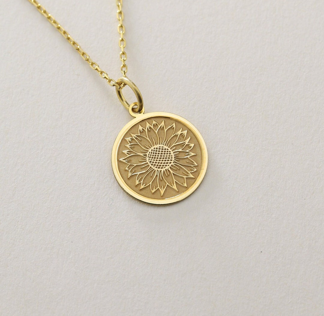 14k Solid Gold Sunflower Pendant , Personalized Sun Flower Necklace