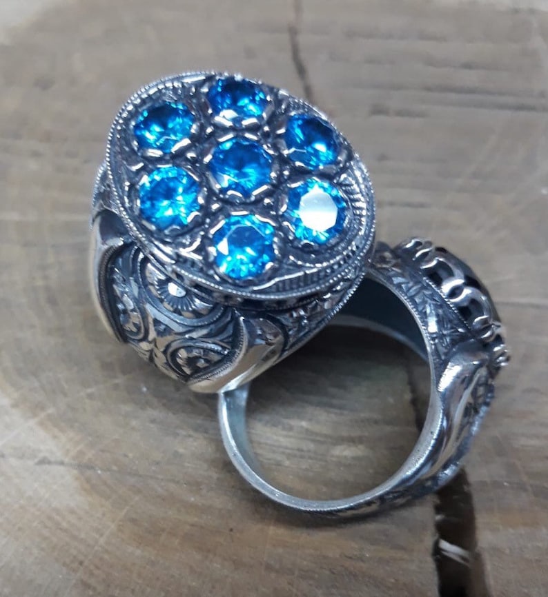 Silver mens unique Rings 925K Sterling Silver-aqua stone ring-silver handmade steel pen craft ring