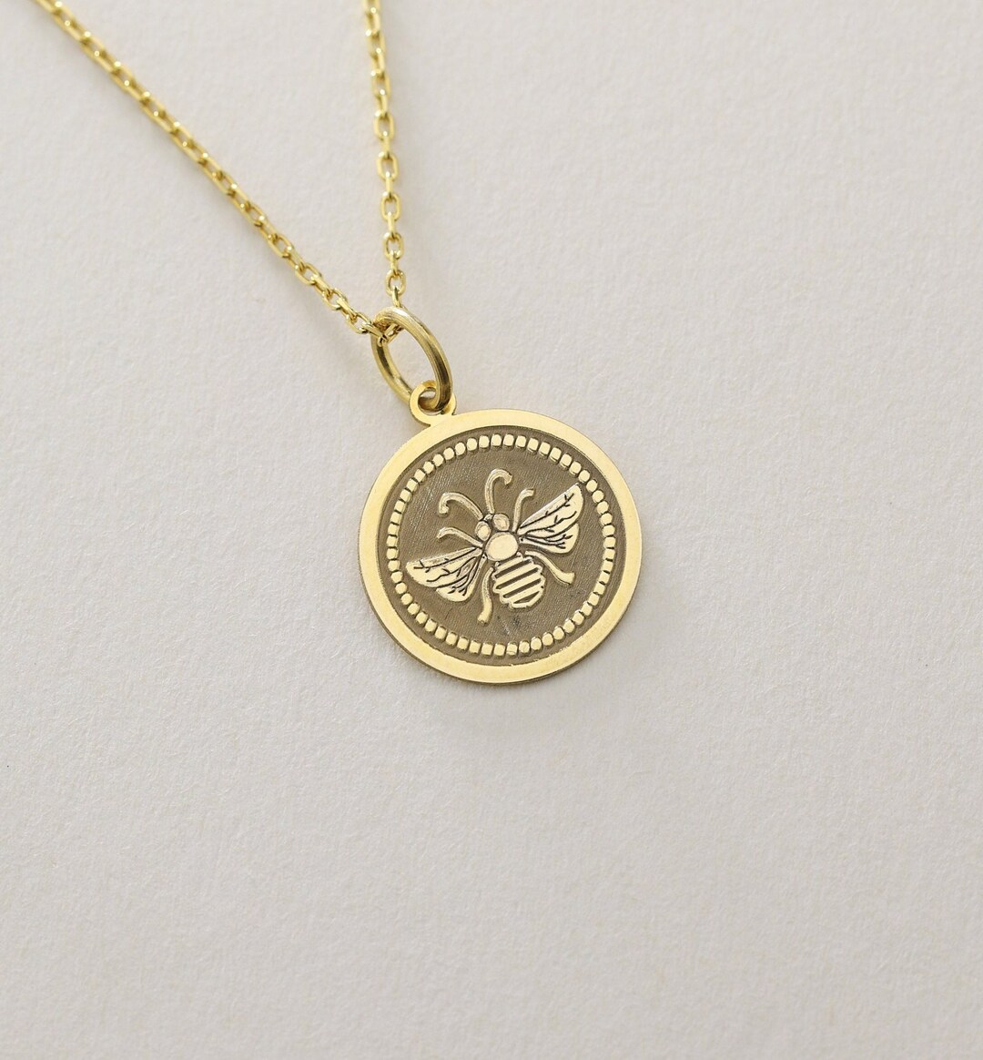 Gold Solid 14K Real Gold Bee Necklace, Personalized Honeybee Pendant