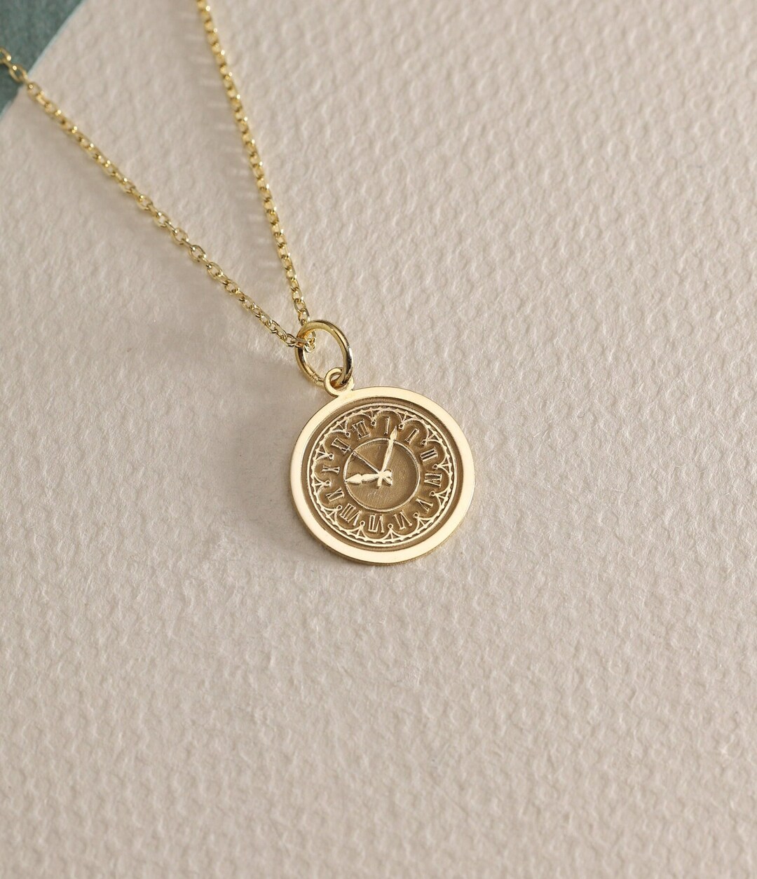 Gold Solid 14K Real Gold Clock Necklace , Personalized Vintage Clock Pendan , Roman Clock