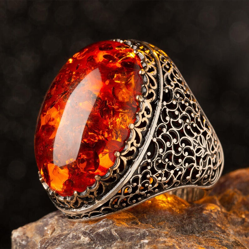 Amber Stone Silver Ring Men's Ring Sterling Silver Etsy