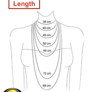 Puede incluir: Diagrama que muestra diferentes longitudes de collar en cent&iacute;metros, de 35 cm a 85 cm.