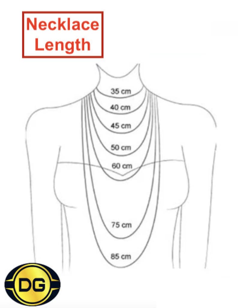 Puede incluir: Diagrama que muestra diferentes longitudes de collar en cent&iacute;metros, de 35 cm a 85 cm.