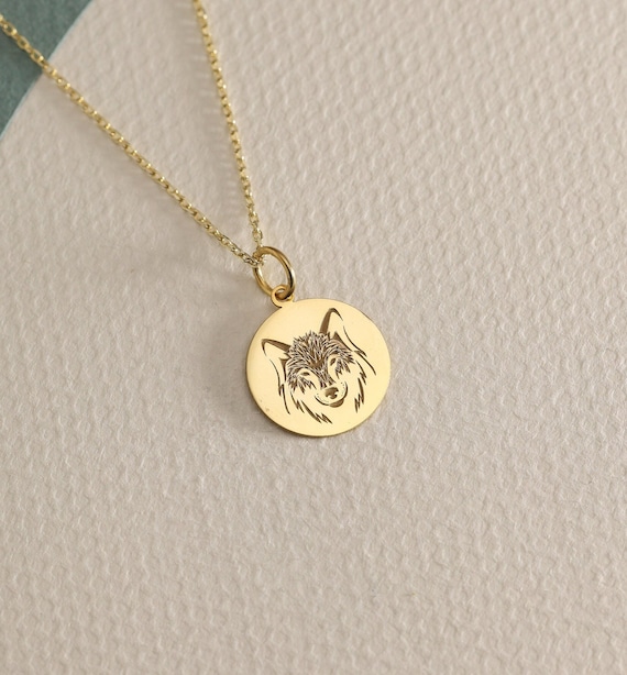 Gold Solid 14K Real Gold Wolf Necklace, Geometric Wolf Disc