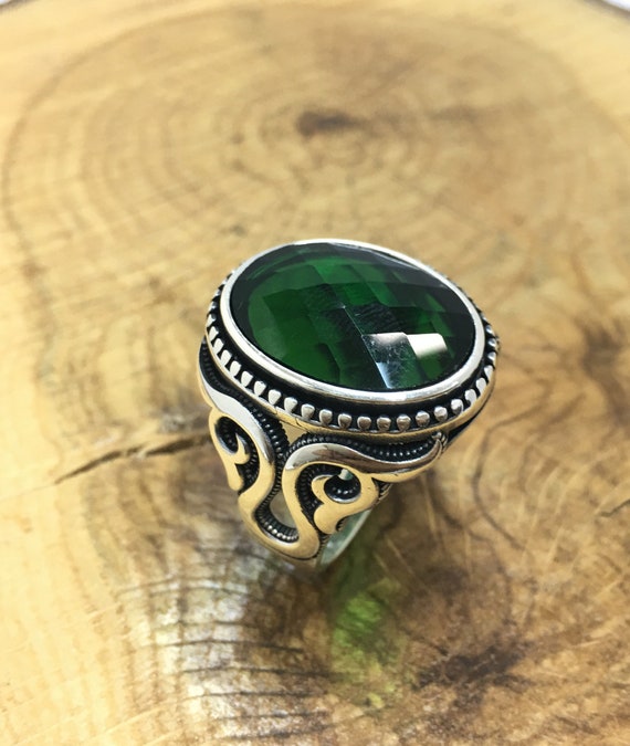 Ottoman Men Ring Turkish Handmade Silver Men Ring 925k Sterling Silver Ring Men/'s Jewelry Mens Handmade Ring Emerald Ring Gift for Him