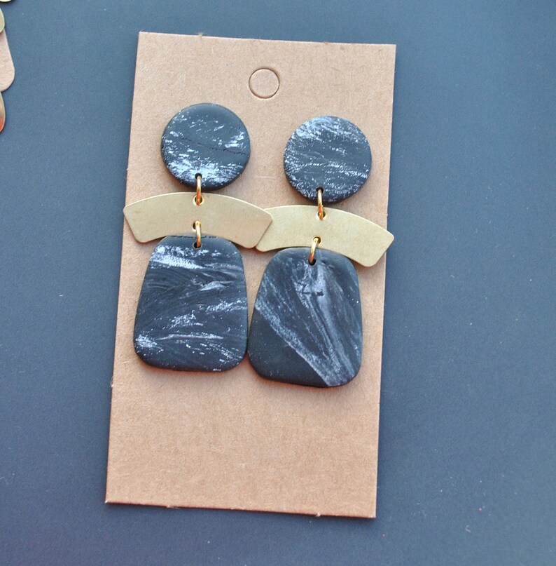 Modern black white marble clay drop earrings,Minimalist earrings|Polymer clay studs clips|Geometric Statement|flower earrings.Valentine/'s
