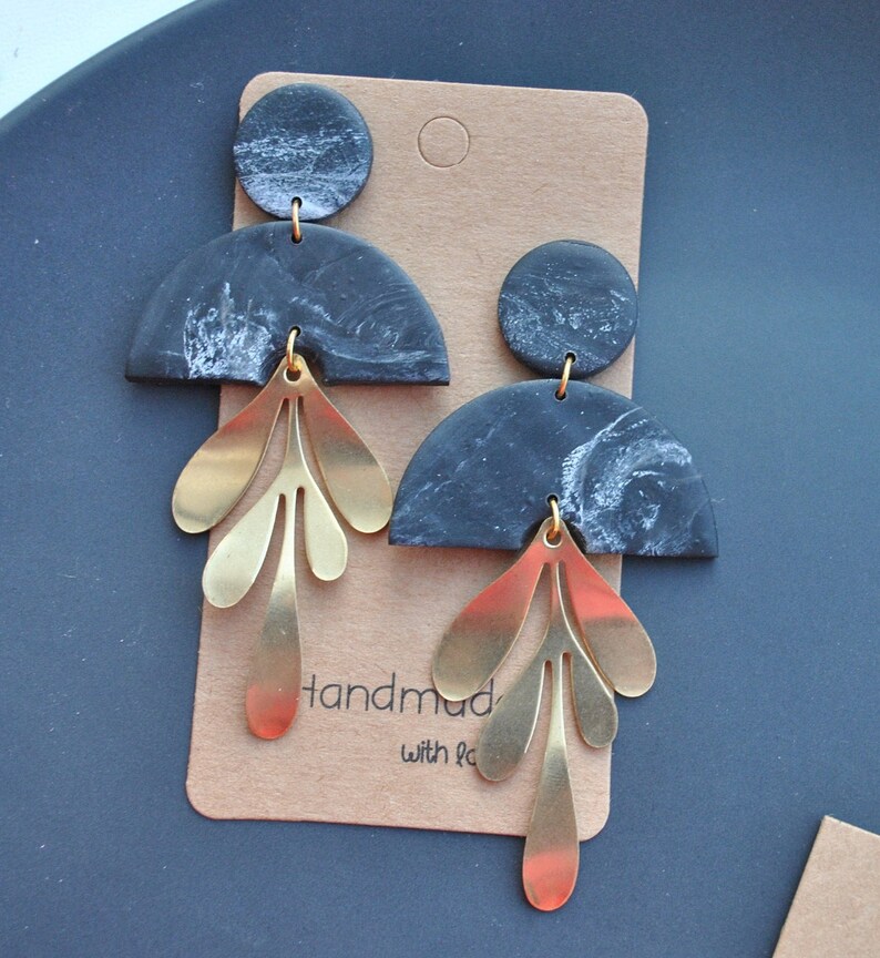 Modern black white marble clay drop earrings,Minimalist earrings|Polymer clay studs clips|Geometric Statement|flower earrings.Valentine/'s