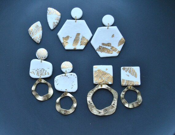 Ball stud dangle white and gold earring Stylish minimalist polymer clay earrings Lightweight earrings with simple design