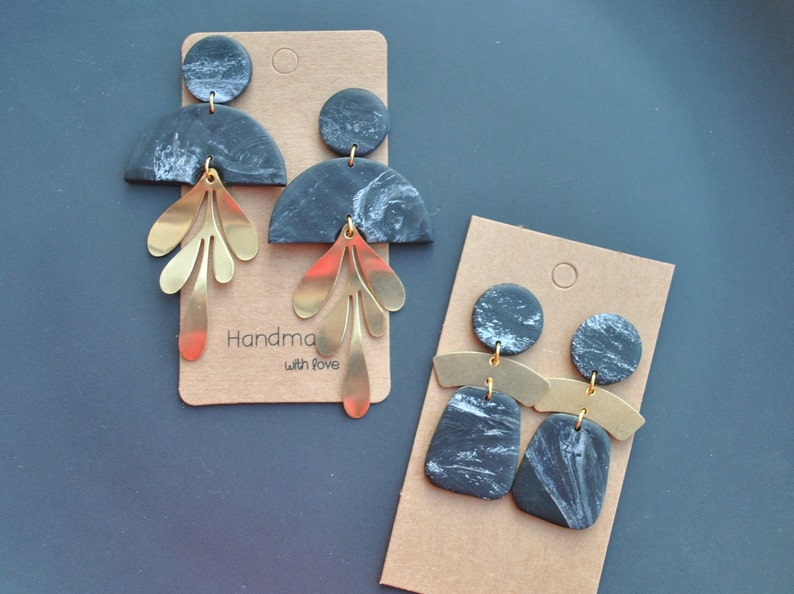 Modern black white marble clay drop earrings,Minimalist earrings|Polymer clay studs clips|Geometric Statement|flower earrings.Valentine/'s