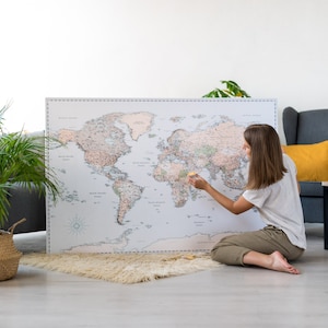 Vintage Push Pin World Map Canvas, Travel Wall Art Pin Board, Traveller Map to Show Where You've Been, Visited Places Personalized Gift