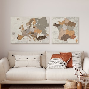 Ensemble de cartes personnalisées de l'Europe et de la France, art mural détaillé sur toile, tracker de voyage, punaises des lieux que vous avez visités, tableau d'affichage pour marquer les villes visitées