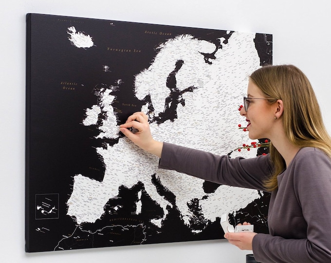 Large Push Pin Europe Travel Map - Black and White Europe Pin Board ...