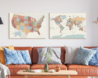 USA & World Map Set - Places You've Been Pin Board to Mark Travels - Detailed Personalized Push Pin Maps - Canvas Wall Art - 100x70cm/39x27″
