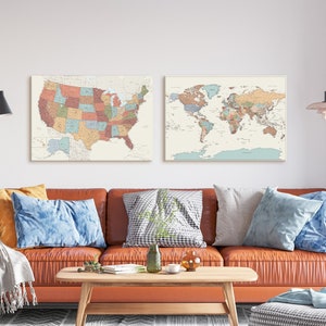 Juego de mapas de Estados Unidos y el mundo: tablero con los lugares que has visitado para marcar tus viajes, mapas personalizados detallados con chinchetas, arte de pared en lienzo, 100 x 70 cm/39 x 27″