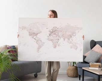 Push Pin World Map Detailed, Beige Travel Pin Board Canvas, Personalized Pinnable Wall Map to Mark Places You've Been, Family Travel Tracker