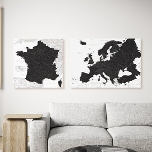 Ensemble noir de cartes de l'Europe et de la France, grandes punaises représentant les lieux que j'ai visités pour marquer les villes visitées, art mural détaillé sur toile, tracker de voyage