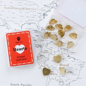 10 Gold Herz Landkarten Pinnnadeln - Reißnägel mit Edelstahlspitze - Pins - 10 Stück
