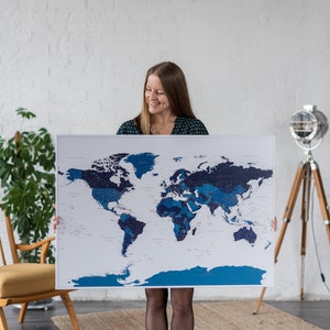 Detailed Push Pin World Map Navy Blue, Canvas to Mark Places You've Been, Large Travel Tracker Pinboard, Personalized Family Adventure Gift