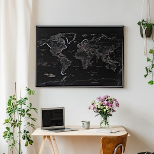 Carte du monde noir - Carte avec des épingles - Mappemonde liege à épingler - Carte punaise - Toile planisphère - Mappemonde murale liege