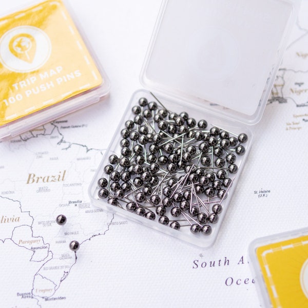 Map Push Pins Metallic Black - Round Head Tacks with Stainless Point - Metallic Finish - Marking Pins - 100 pc