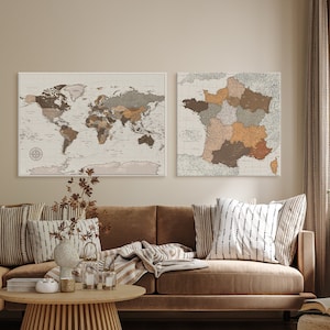Ensemble de cartes de la France et du monde avec épingles, cartes personnalisées avec punaises, tableau d'épingles des lieux que vous avez visités pour marquer vos voyages, idée cadeau cadeau de suivi de voyage sur toile