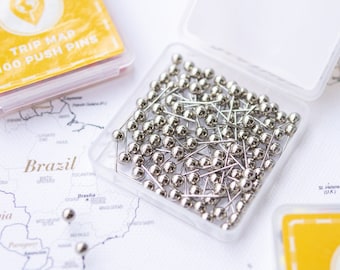 Map Push Pins Silver - Round Head Tacks with Stainless Point - Metallic Finish - Marking Pins - 100 pc