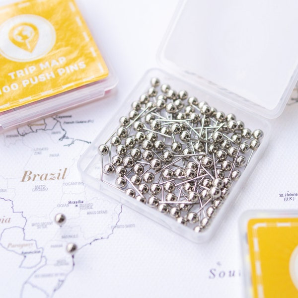 Map Push Pins Silver - Round Head Tacks with Stainless Point - Metallic Finish - Marking Pins - 100 pc