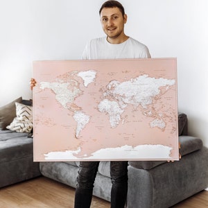 Dusty Pink World Map Push Pin, Pastel Pinnable Travel Tracker Wall Art, Decorative Pinboard to Track Places You've Been, Personalized Gift