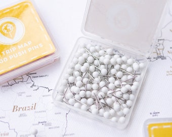 Map Push Pins White - Round Head Tacks with Stainless Point - Matte Finish - Marking Pins - 100 pc