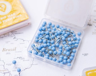 Map Push Pins Light Blue - Round Head Tacks with Stainless Point - Matte Finish - Marking Pins - 100 pc