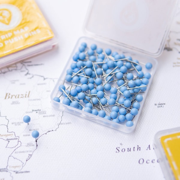 Map Push Pins Light Blue - Round Head Tacks with Stainless Point - Matte Finish - Marking Pins - 100 pc