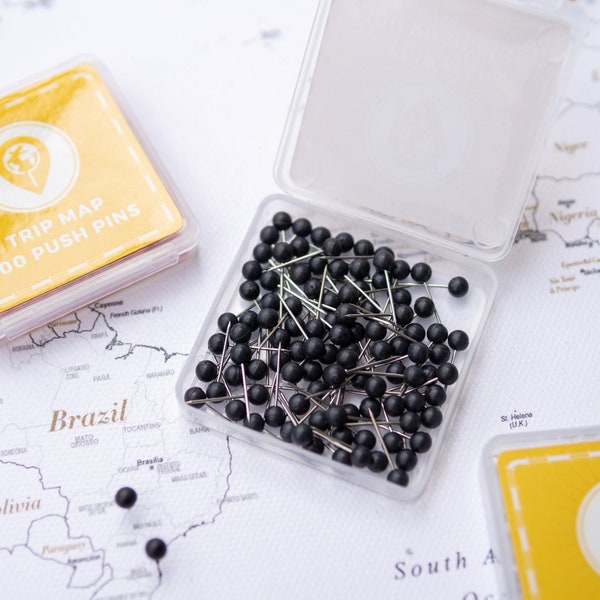 Map Push Pins Black - Round Head Tacks with Stainless Point - Matte Finish - Marking Pins - 100 pc
