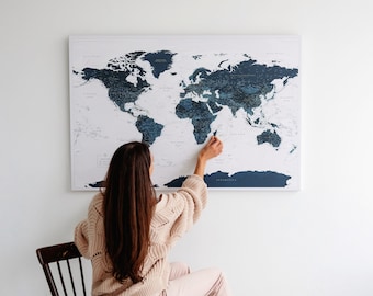 Push Pin World Map Canvas - Navy Blue Travel Map Pin Board - XL Personalized World Traveler Map with Pins - Detailed Map Wall Art - Trip Map