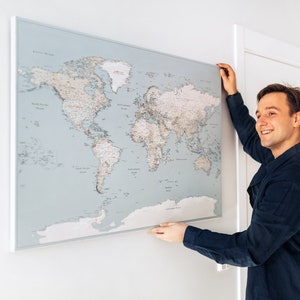 Push Pin World Map - Detailed Light Blue Canvas Travel Pin Board ...