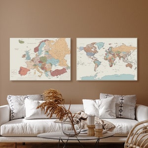 Ensemble de cartes de l'Europe et du monde - Tableaux des lieux que vous avez visités pour marquer les voyages - Art mural personnalisé détaillé sur toile avec punaises - 100 x 70 cm/39 x 27 pouces
