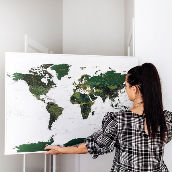 Carte du monde pour marquer les voyages - Grande carte du monde avec punaises - Planisphère image sur toile - Carte du monde à épingles