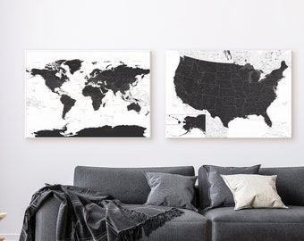Set pushpins VS en wereld, zwart-witte plaatsen waar je bent geweest prikbord om reizen te markeren, gedetailleerde gepersonaliseerde canvaskunst, 100 x 70 cm/39 x 27″