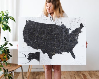 USA Places I've Been Push Pin Map, Canvas Pin Board to Mark Travels, Personalized Large Detailed Adventure Wall Decor with National Parks