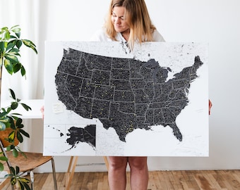 USA Places I&#39;ve Been Push Pin Map, Canvas Pin Board to Mark Travels, Personalized Large Detailed Adventure Wall Decor with National Parks