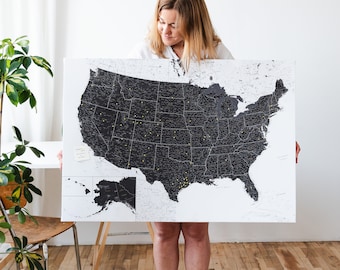 USA Places I've Been Push Pin Map, Canvas Pin Board to Mark Travels, Personalized Large Detailed Adventure Wall Decor with National Parks