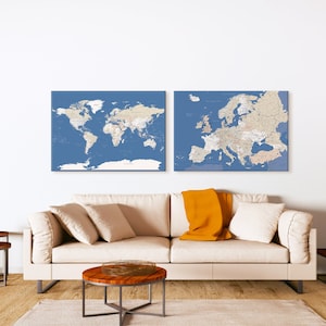 Ensemble de cartes murales du monde et de l'Europe de Places We've Been, tableau d'affichage pour montrer les voyages, toile de décoration personnalisée détaillée avec punaises, 100 x 70 cm/39 x 27 pouces
