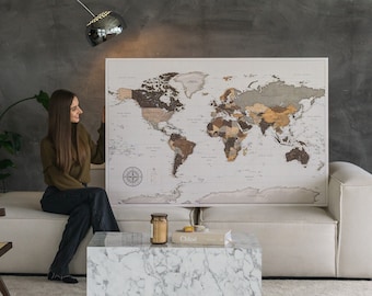 Drukspeld wereldkaart om plaatsen te markeren waar je bent geweest, reistracker canvas muurkunst, bezochte landen vastzetbare reizigerskaart, gepersonaliseerd cadeau