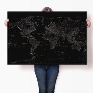 Énorme poster carte du monde noir - carte de voyage personnalisée détaillée - grande toile d'art murale carte du monde - poster carte minimaliste - impression atlas