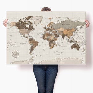 Detailed Big World Map Poster with Pins - World Atlas Print - Personalized Family Travel Map - High Quality Globe Art - World Map Guest Book