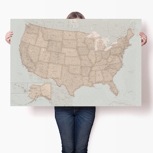 Vintage USA Karte Poster - Große Karte der USA mit Bundesstaaten und Städten - Detaillierte National Parks Karte Poster - USA Wandkunst - Landkarte